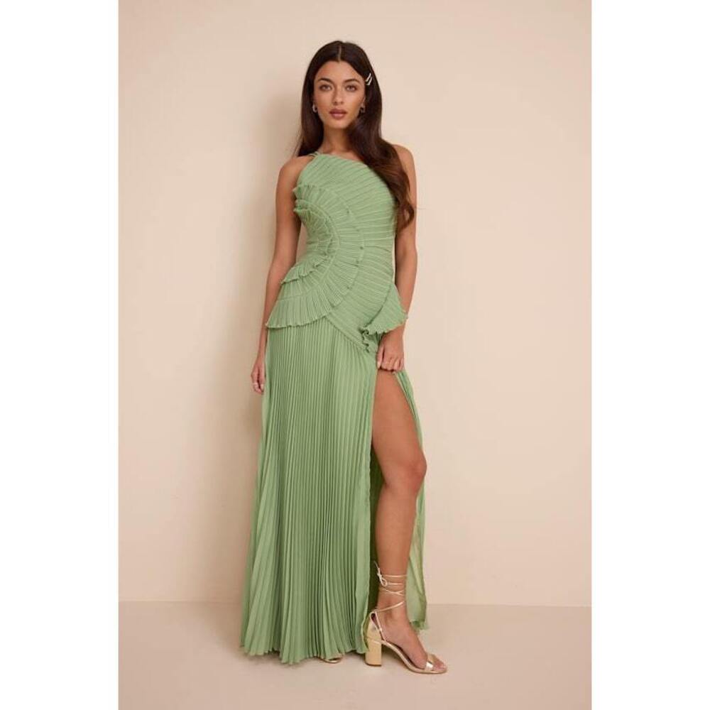 Lulus Magdalene Light Green Pleated Asymmetrical Maxi Dress - Size S